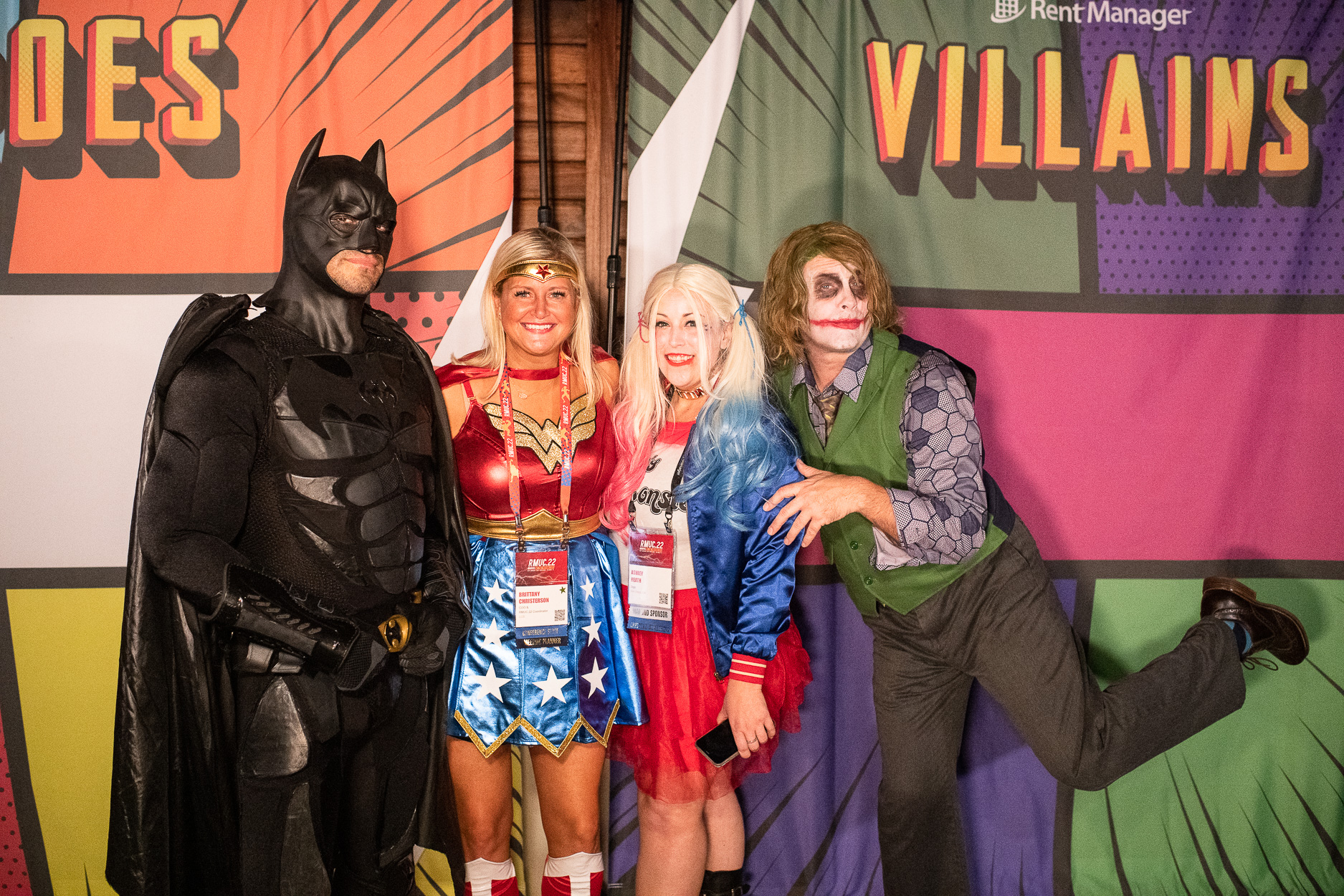 Batman, Wonder woman, Harley Quinn, and Joker costumes